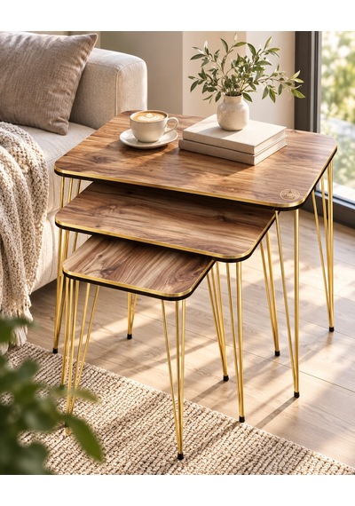 Odera Ceviz Detaylı Zigon Sehpa 3'lü Set Metal Ayaklı Modern Retro Salon Sehpası Diğer