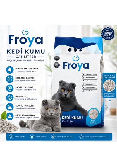 Froya Kokusuz Sade Kedi Kumu 10 Lt Orta Taneli Doğal Topaklanan Tozsuz Kedi Kumu