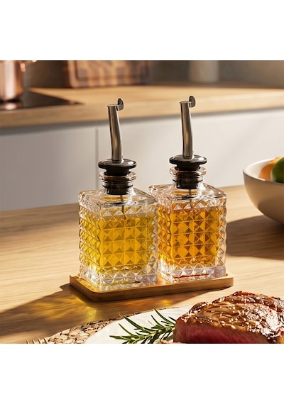 Porsima Dhz90112 2li Bambu Standlı Sızdırmaz Cam Yağlık Sirkelik Yağdanlık 100+100 Ml