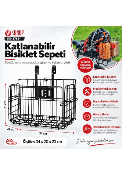 Sunup Sn-37894 Katlanabilir Bisiklet Sepeti Metal Tel Gövde 34x20x23cm Pratik Taşıma Sepeti Siyah