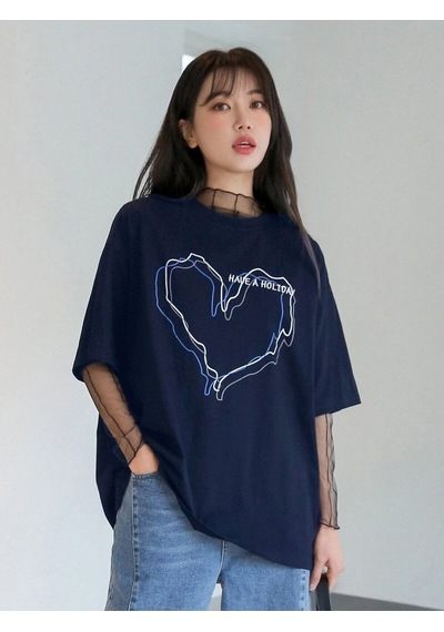 Flood Of Style Kadın Çizgili Figür Kalp Lacivert T-shirt Have A Baskılı
