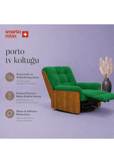 Smarto Relax Porto Tv Koltuğu Ahşap Yan Panelli Döner Ve Elektrikli Döner Sallanan Kontrollü Nefes Alabilir Kumaş Baba Koltuğu Yeşil