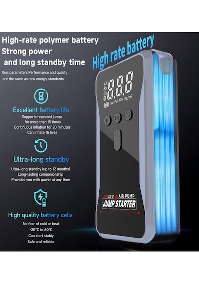 Şarjlı Taşınabilir 12 Volt Akü Takviye Cihazı Lastik Hava Kompresörü 5v Powerbanklı Işıklı Çantalı