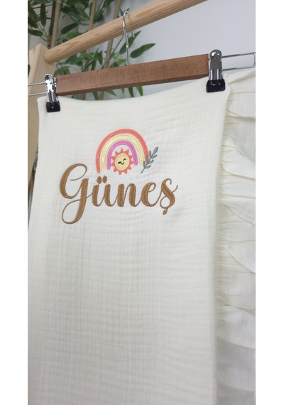 Gros Shop Müslin Yeni Doğan 4katlı Organik %100pamuk Kişiye Özgü Nakışlı Hastane Çıkış Seti Gökkuşağı Model-3 Ekru-2