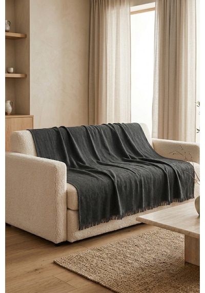 İskandinav Dokulu Pamuklu Saçaklı Koltuk Örtüsü Ve Koltuk Şalı Kaymaz Terletmez 170x200 Cm Gri