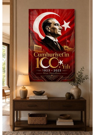Atatürk Ve Cumhuriyet 100. Yıl Baskılı Cam Tablo Uv Baskı Türk Bayrağı Dekoru