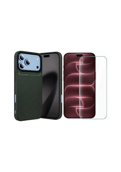 Apple İphone 18 Pro İle Uyumlu Karbon Tasarım Silikon Telefon Kılıfı Ve Temperli Cam Ekran Koruyucu Koyu Yeşil