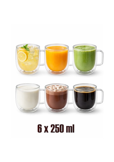 Porsima Pbt-323 Çift Cidarlı 6lı Cam Kupa Çay Kahve Kupası Isı Yalıtımlı Kulplu Cam Bardak Seti 250 Ml Cam - Şeffaf