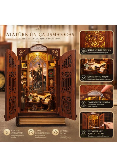 Atatürk Çalışma Odası Mini Kitap Evi Dıy Book Nook Kit, Led Işıklı Ahşap Minyatür Hobi Seti