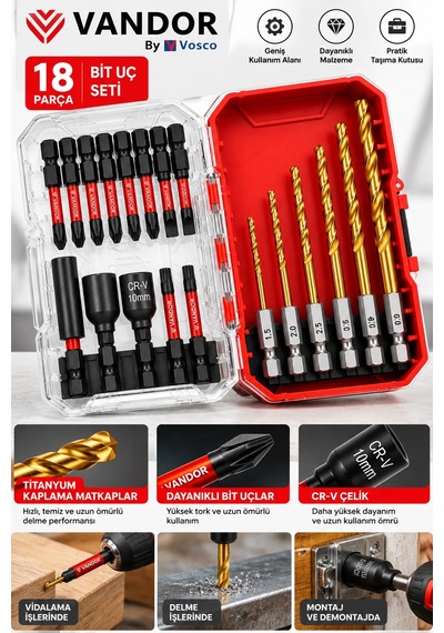 Vandor By Vosco 18 Parça Matkap Ucu Ve Vidalama Bits Seti Titanyum Kaplamalı Metal Delme Uçları Cr-v Lokma Seti