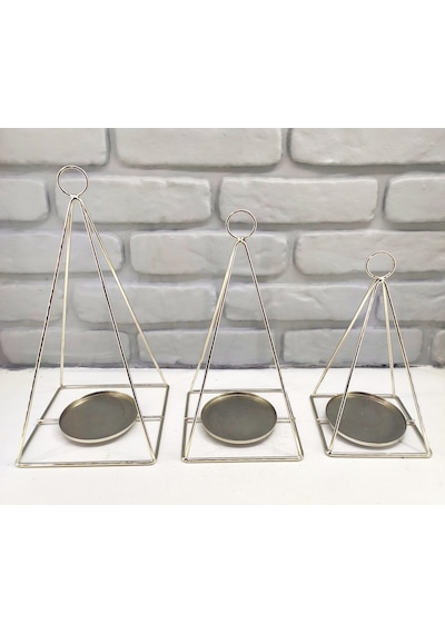 Gold / Gümüş Kaplama Dekoratif Modern Piramit Dizayn 3lü Mumluk Gold
