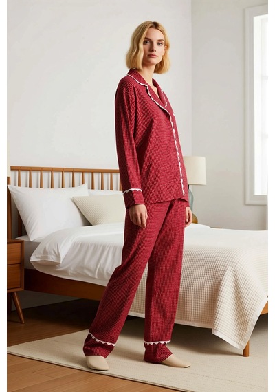 Benerly Kadın Gömlek Yaka Uzun Kol Regular Kalıp Shally Dokuma Pijama Tak bordo