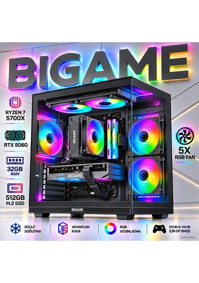 Bigame FORGE-V6 R7-5700x 32 GB 512 GB M2 SSD RTX5060 Free Dos Masaüstü Oyuncu Bilgisayarı