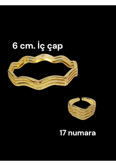 22 Ayar Altın Kaplama Zikzak Kelepçe Bilezik Ve Yüzük Seti Gold
