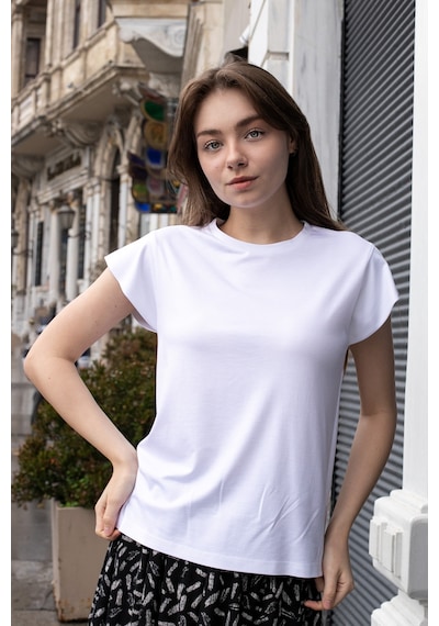 Kadın İpeksi Kumaş Geniş Sıfır Yaka Kısa Kol Tshirt Bluz-beyaz Beyaz