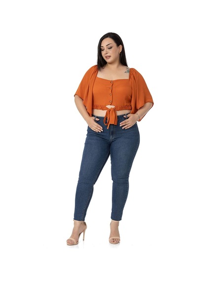Disentis Büyük Beden Geniş Kollu Beli Lastik Ve Büzgülü Crop Kiremit Bluz-kiremit Kiremit