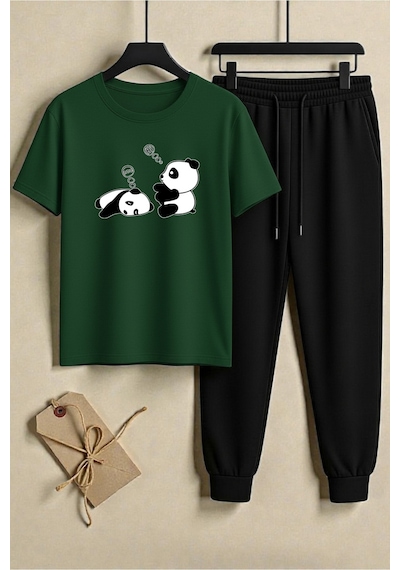 Uyguntarz Unisex Sleep Panda Baskılı Tasarım Tişört - 2'li Eşofman Takımı Yeşil