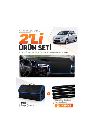 Hyundai İ20 2008-2014 Uyumlu Torpido Örtüsü + Deri Bagaj Çantası + Sticker Seti - Siyah Mavi
