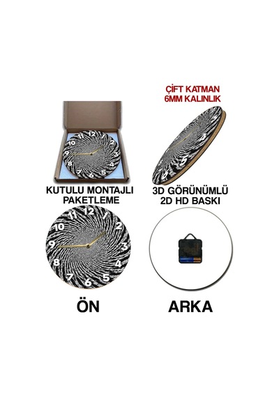 Hipnotik Spiral Desenli 3d Mdf Duvar Saati 33 Cm Siyah-beyaz Kontrast Sdw315 Renkli