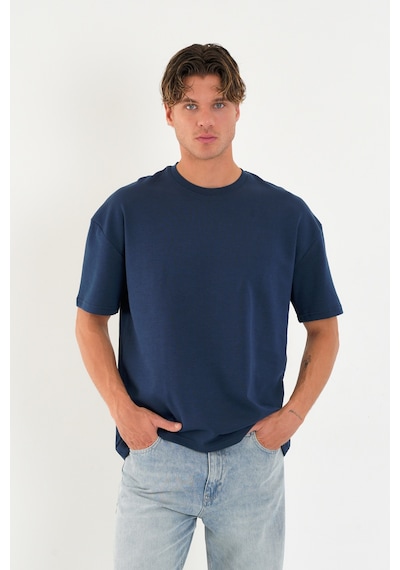 Blank Unisex Oversize Geniş Kesim Tişört %100 Pamuk Kalın Dokulu Bisiklet Yaka T-shirt Indigo