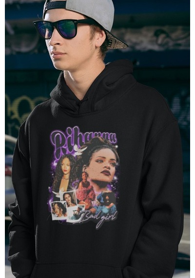 Şarkıcı Rihanna Baskılı Unisex Oversize Hoodie Siyah