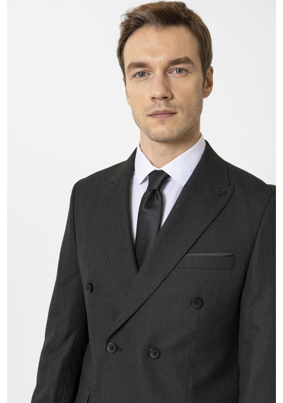 Süvari Siyah Slim Fit Düz Kruvaze Yaka 6 Drop Klasik Takım Elbise