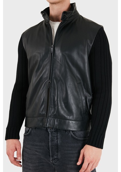 Emporio Armani Deri Dik Yaka Fermuarlı Ceket Erkek Ceket Em007276 Af29262 Uc001 Siyah