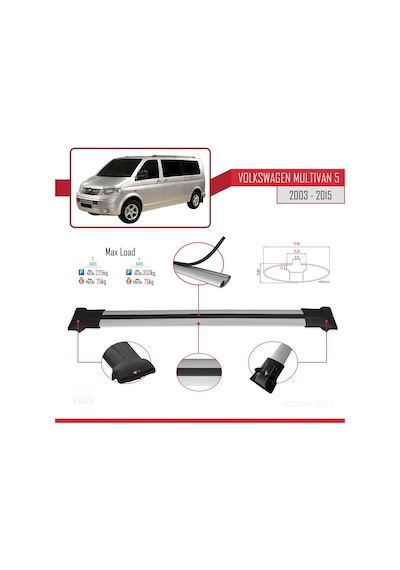 Volkswagen Multivan T5 2003-2015 Arası İle Uyumlu Fly Model Ara Atkı Tavan Barı Gri 4 Adet Bar