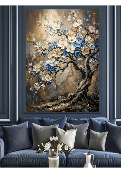 Mavi Beyaz Çiçekli Bonsai Ağacı Tablo Dekoratif Kanvas - Mdf Ahşap Tablo Çok Renkli