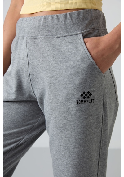 Tommy Life Gri Melanj Yüksek Bel Cepli Rahat Form Klasik Paça Kadın Eşofman Alt - 94185 GRİ MELANJ