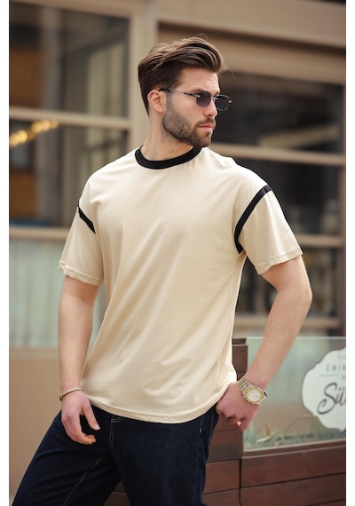 Madmext Bej Bisiklet Yaka Regular Fit Erkek T-shirt E7126 Bej