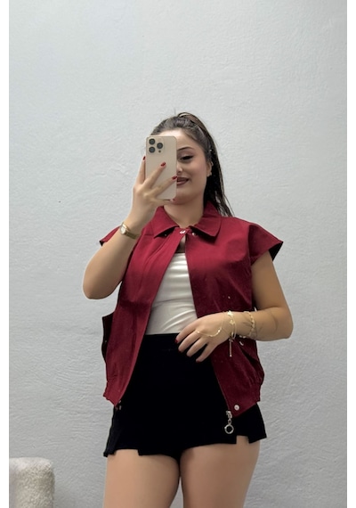 Belendir Kadın Likralı Cepli Dokuma Yelek Bordo