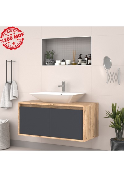 Banos Roomart 2 Kapaklı Lavabolu Ahşap-Antrasit Mdf 100 Cm Banyo Antrasit