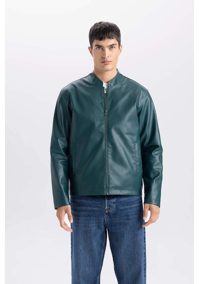 DeFacto Su İtici Slim Fit Dar Kesim Dik Yaka Fermuarlı Suni Deri Mont D8525AX25SPGN919