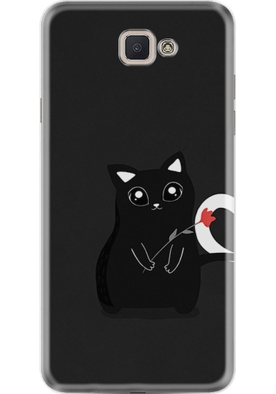 Samsung Uyumlu Galaxy C7 Kılıf Silikon Desenli Kara Kedi 1801