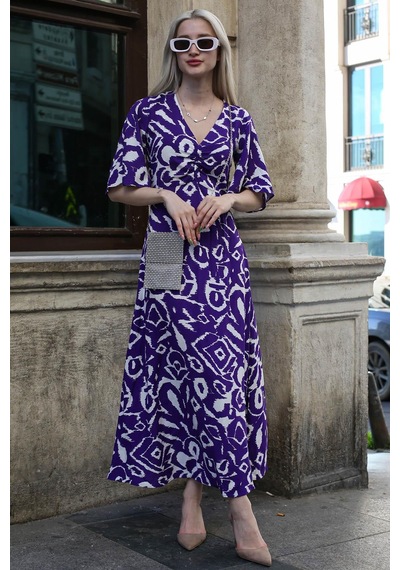 Madmext Mor Desenli V Yaka Midi Elbise Mg1797