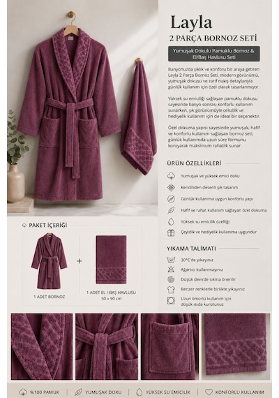 Layla 2 Parça Bornoz Seti Soft Unisex Bornoz Bornoz Erkek Bornoz Kadın Bornoz Hediyelik Sabahlık Çeyiz Mürdüm