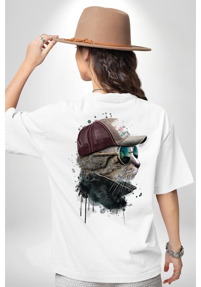 Pilot Çeketli Deri Şapkalı Cool Kedi Beyaz Oversize Unisex Ön Ve Sırt Baskılı Tişört Beyaz