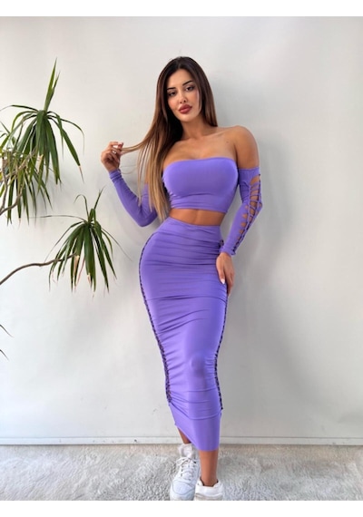 Pink Life Lila Lazer Kesim Detaylı İkili Uzun Takım Lila