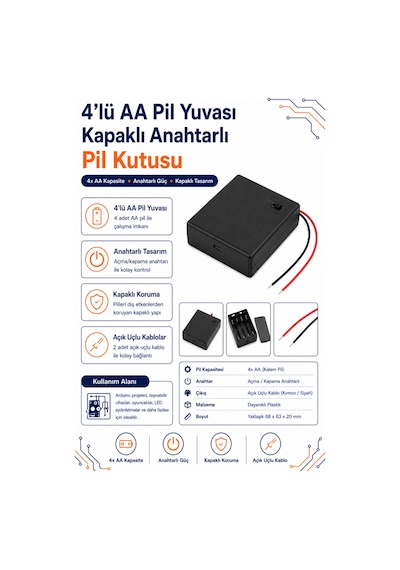 4 Lü Aa Pil Yuvası Kapaklı Anahtarlı Pil Kutusu