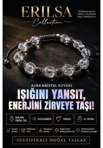 Sertifikalı Aura Kristal Kuvars Doğal Taş Bileklik 8x8 Mm Ayarlan