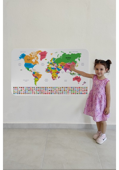 Ülke Bayrak Lı Eğitici Başkent Detaylı Atlası Dünya Haritası Duvar Sticker-85x130-3833 Çok Renkli