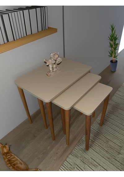 Kare Zigon Sehpa, 3lü Sehpa Seti, Zigon Sehpa,, Ahşap Ayaklı Zigon Sehpa-55 Cappuccino