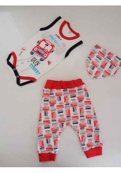 Beyzababykids %100 Pamuk Otobüs Baskılı Erkek Bebek 3'Lü Body Zıbın Set