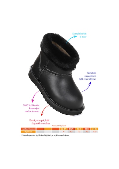Kiko Kids Geta Su Geçirmez İçi Kürklü Kız Çocuk Eva Yağmur Kar Çizme Siyah Siyah