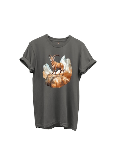 Dağ Keçisi Tasarımlı Avcılık Konseptli %100 Pamuk Regular Fit Bisiklet Yaka Unisex T-shirt Antrasit