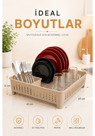 Sas Haus Bulaşıklık Tezgah Üstü Tabak Bardak Kurutmalık Plastik Bulaşık Sepeti 33x41 Cm Bej S-10567