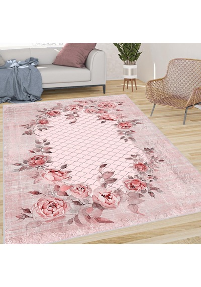 Rovigo Home Dijital Baskı Yıkanabilir Kaymaz Taban Salon Halısı Rvg0654 Pembe
