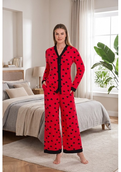 Findit Şık Tasarım Kalp Desenli Geniş Paçalı Yumuşak Dokulu Viskon Kumaş Düğmeli 2'li Pijama Takımı Kırmızı