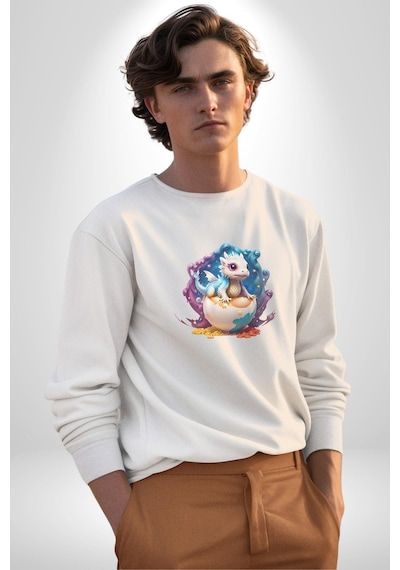 Sevimli Bebek Ejderha Elmas Yumurta Unisex Beyaz Baskılı Sweatshirt Beyaz